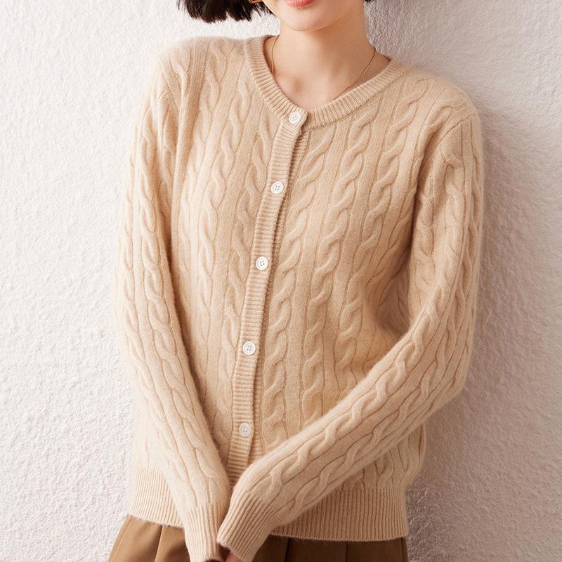 2026 Autumn Winter Women's Versatile Cashmere Round Neck Loose Knit Cardigan – Stylish, Thickened, and Cozy Cable Knit Coat