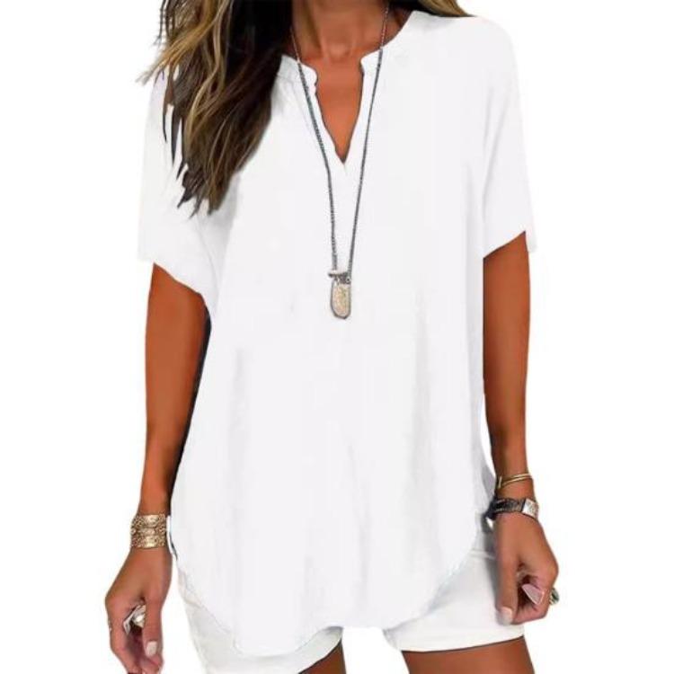 

Casual V Neck Shirt Women Loose Fit Short Sleeve Solid Color Elastic Tee Daily Wear 3XL білий
