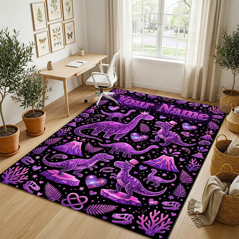 Dinosaur Theme Crystal Velvet Rug Personalized Custom Name Text Soft Floor Mat Home Decor