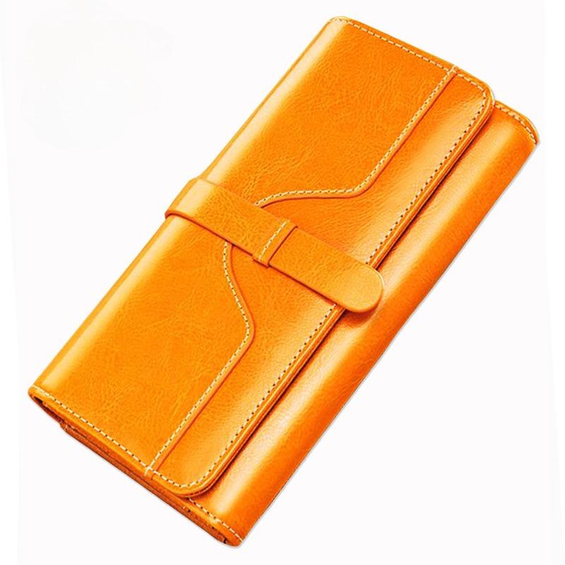 Pure leather three fold women's wallet, long buckle leather, cowhide, multi slot large capacity Korean version women's wallet, leather wallet