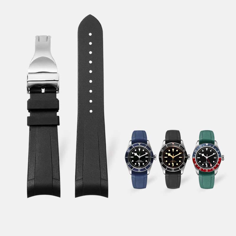 Klasický vysoce kvalitní gumový řemínek se zakřivenými konci pro hodinky Tudor Black Bay GMT s překlápěcí sponou Černý Modrý Červený 22mm Náramek