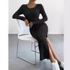 European & American Fall/Winter Long-Sleeve Round Neck Slit Knit Dress for Women