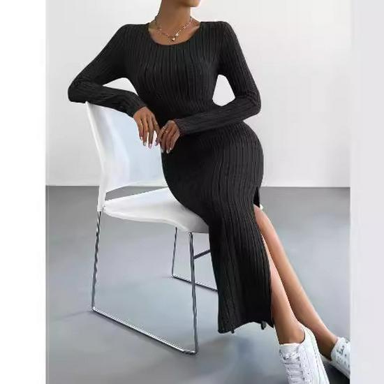European & American Fall/Winter Long-Sleeve Round Neck Slit Knit Dress for Women