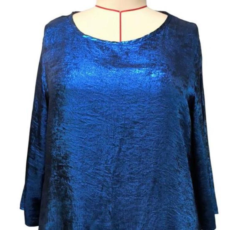 Sparkling Irregular Hem Blouse Women Loose Fit Round Neck Tee Shirt Ninth Length Sleeve Mid Top Daily Wear