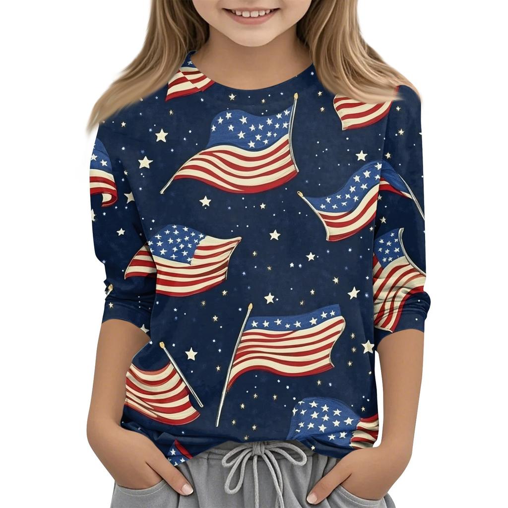 Children's Fashion Printed Round Neck Three-quarter Sleeve Top Casual T-shirt