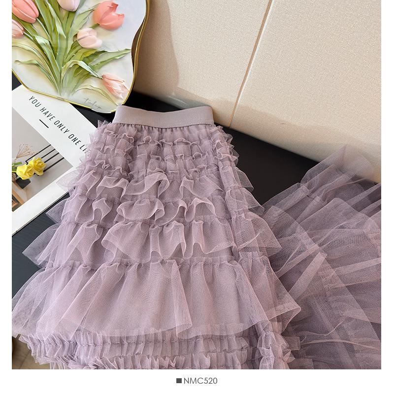 Elegant French Ruffled Multi-layered A-line Fluffy High-waisted Pleated Skirt for Women - Autumn 2025 Collection
