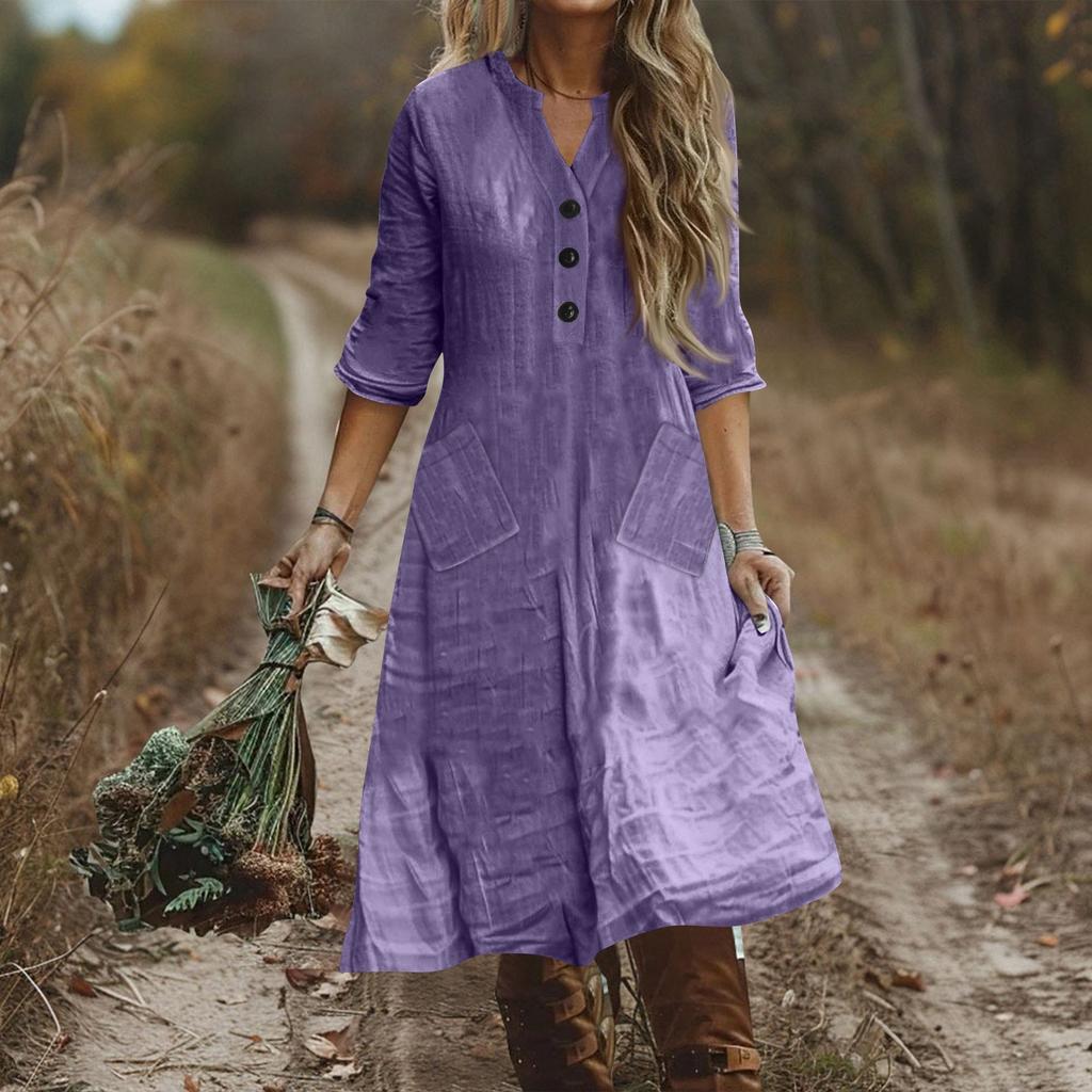 Women's Fashionable Cotton And Linen Button Solid-color Half-sleeved Loose Pocket Dress