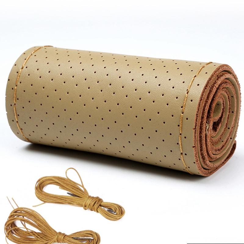 Non-Slip Microfiber Leather 38cm Car Steering Wheel Cover With Needles and Thread Braid On Steering-Wheel Car Accessories бежевый