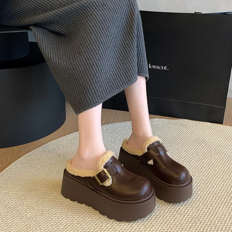 Women Platform Cotton Slippers Winter New Height Increase Plush Thicken Half Slippers Fashion Buckle Strap Comfort Casual Shoes