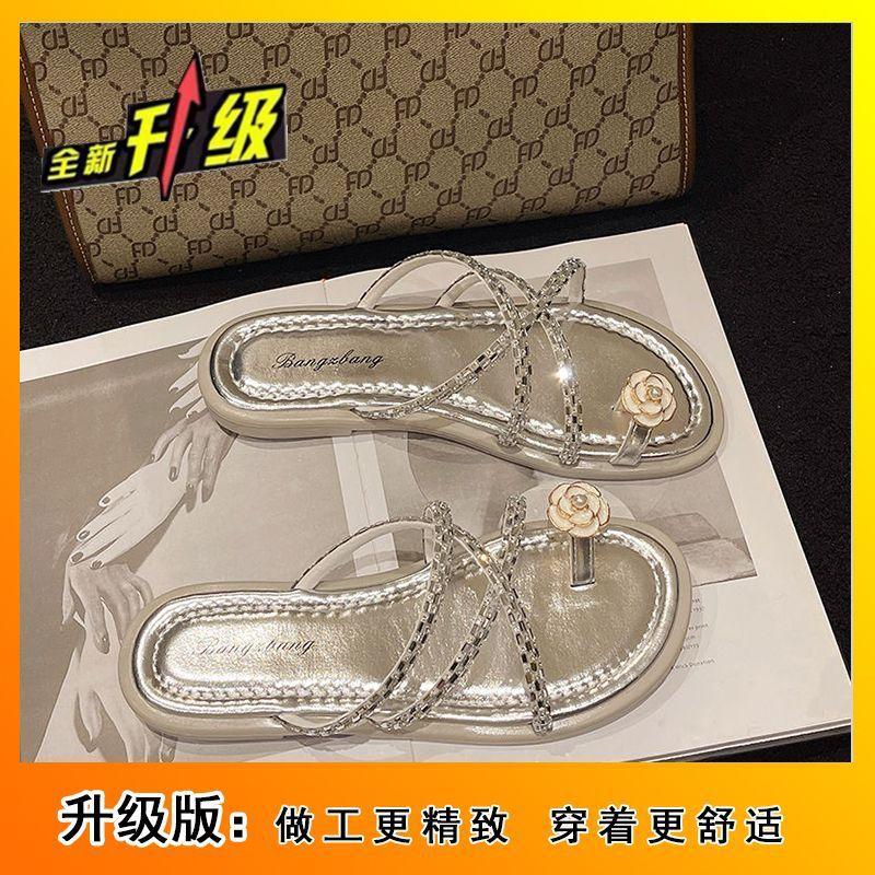 

Beach non-slip cool slippers flat-bottomed toe slippers 2024 new fashion rhinestone flip-flops women s summer wear 40