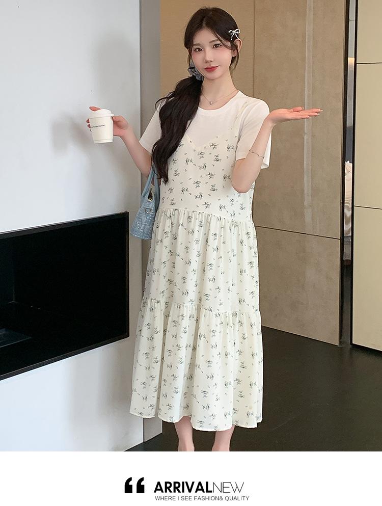 2026 Summer Korean Style Maternity Cotton & Chiffon Two-Piece T-shirt Dress