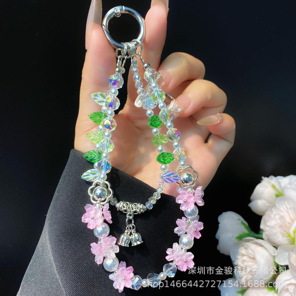 Phone Case Hanging Chain Niche Flower Green Leaf Phone Chain New DIY Chain Car Key Chain Rope Bag Hanging Decoration