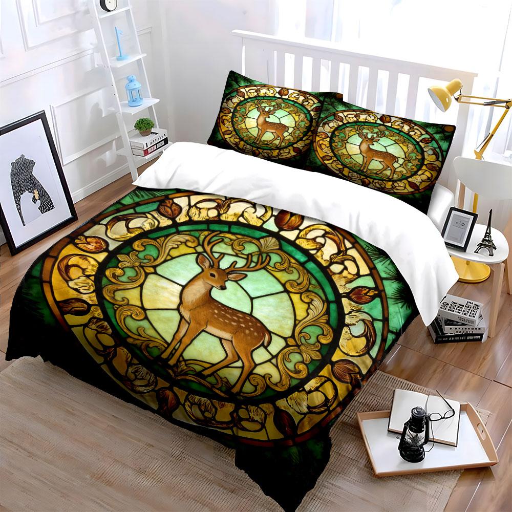 Deer Stained Glass Window Decor Soft Comfortable Duvet Cover Bedding Set Included 1*Duvet Cover & 2*Pillowcases, Gift