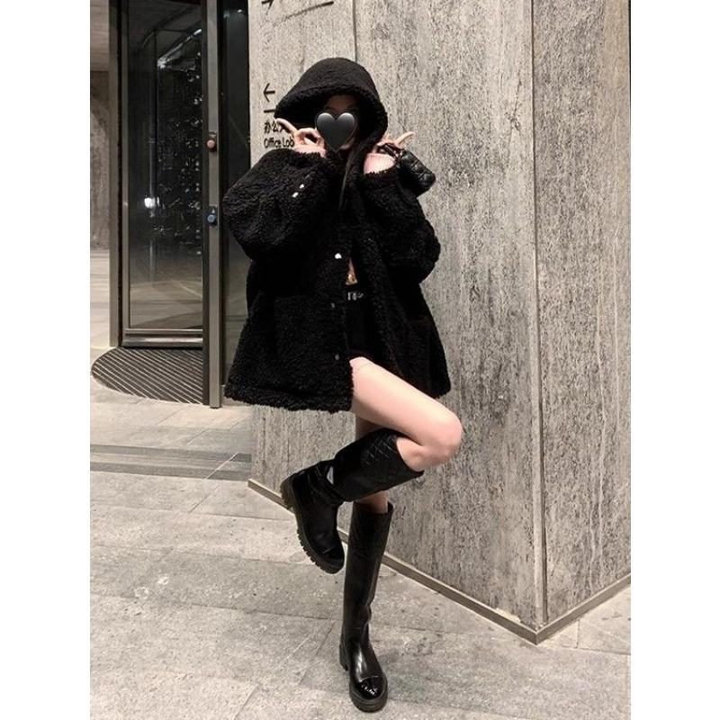 Winter Korean Fashion Fleece Coat Women Hooded Thickened Slim Fit Casual Lazy Style