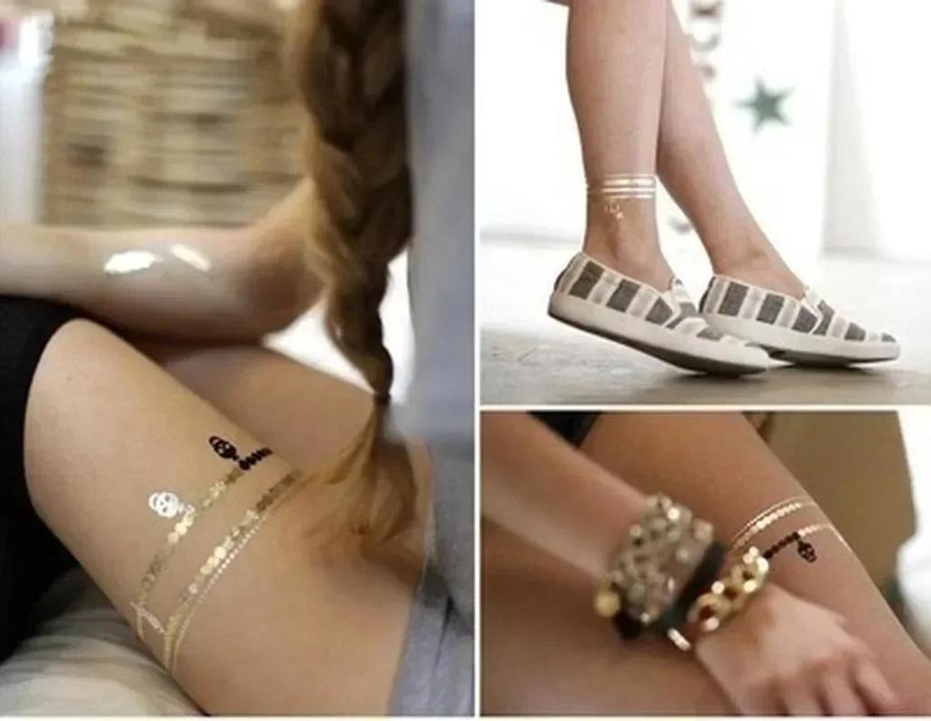 3 Sheets Tattoo Temporary Disposable Tag Gold Metallic Waterproof Silver Black Flash Fake Gold Tattoos Adhesives Decal