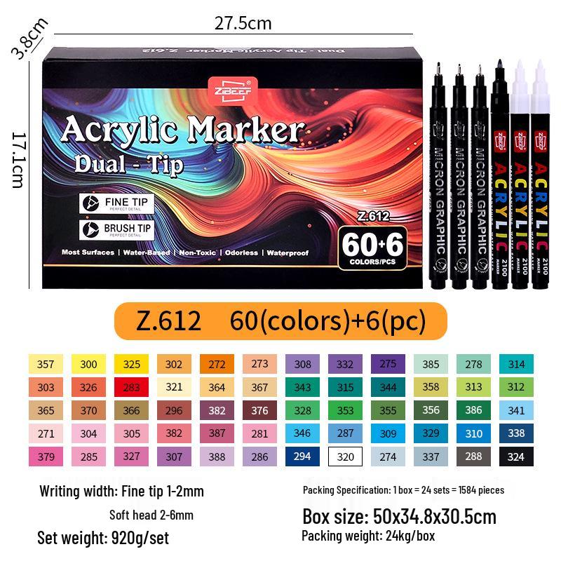Guangna 611 Acrylic Markers Set: 60 Colors, Double-Ended, Stackable, Opaque for DIY Graffiti Art and Students.