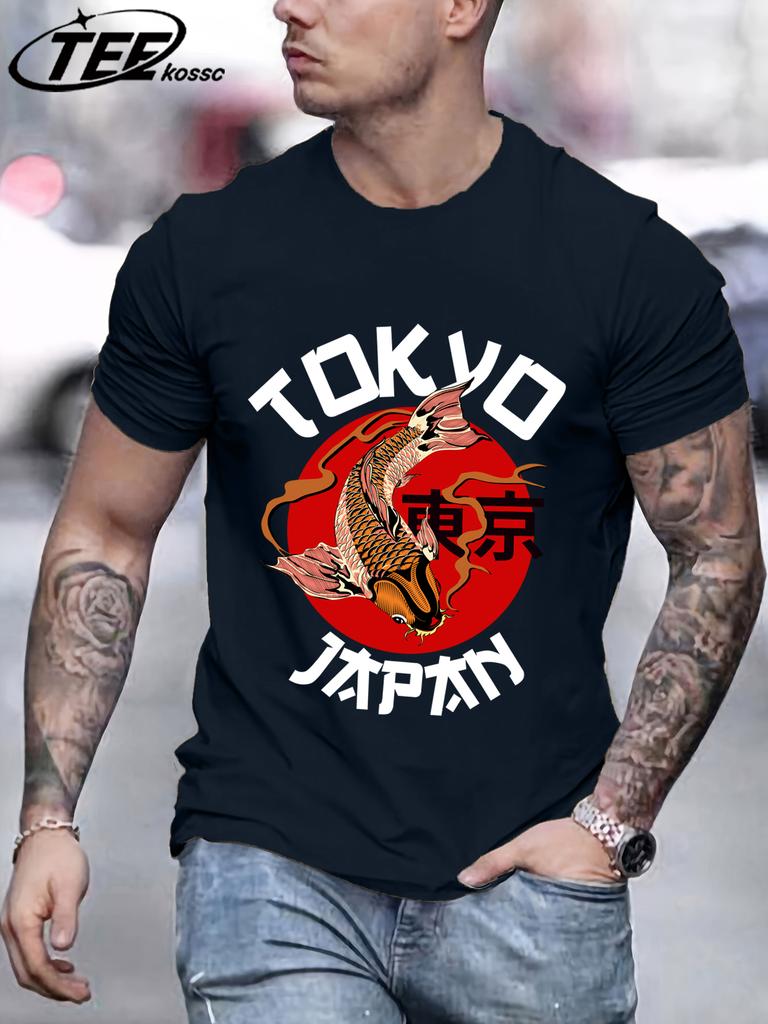 Harajuku Tokyo Japan Koi Fish Design Men TShirts Fashion Short Sleeve AllMatch Cotton Soft T Shirt Summer Unisex Loose Clothes