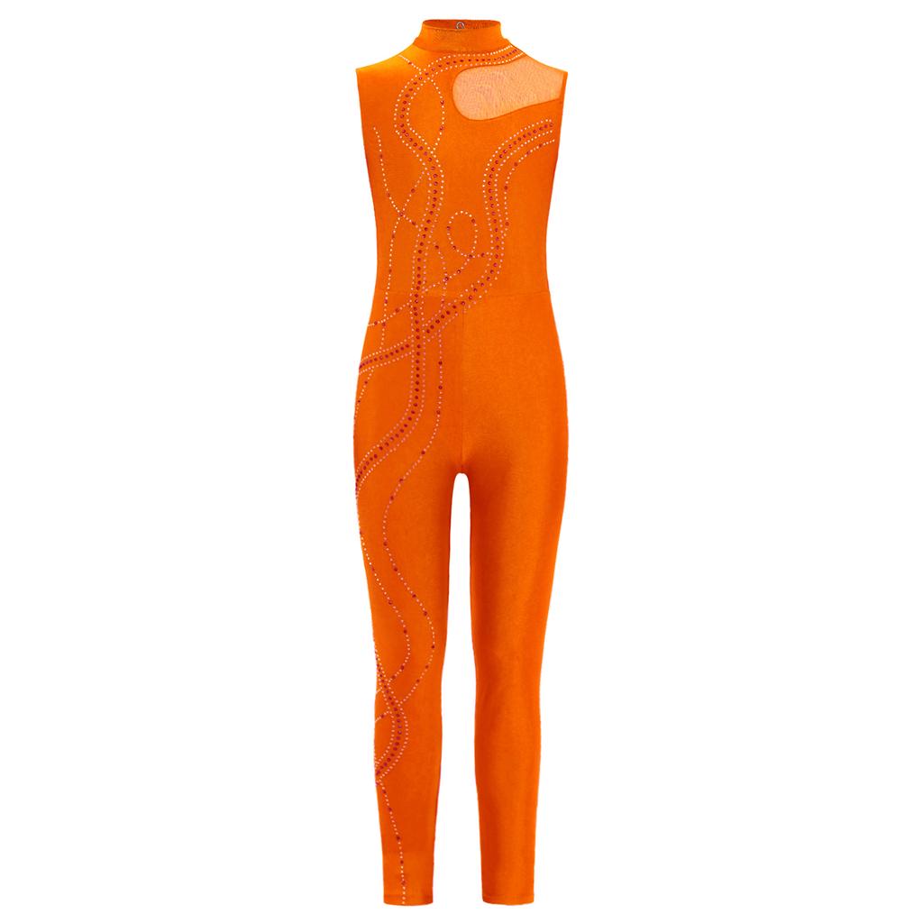 Girls Dance Bodysuit Sparkly Rhinestones Sheer Mesh Patchwork Full Body Performance Wear