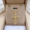 Hollow Geometric Zircon Cross Pendant Necklace for Women Men Stainless Steel Chain Luxury Trendy Collar Jewelry Accessories