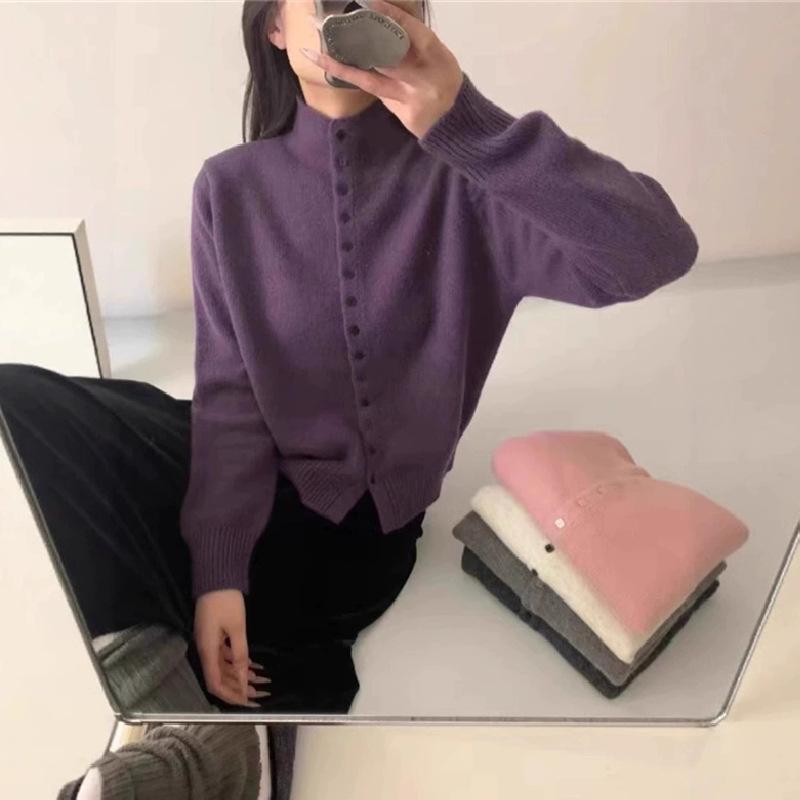 Autumn and winter new semi-turtleneck button soft waxy knitted cardigan women's outer with solid color long-sleeved sweater jacket