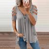 Womens Sexy V-neck Collar Zipper Color Short Sleeve Fold Casual Blouse Tops