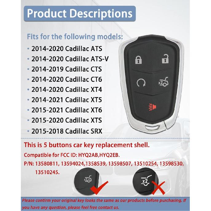 Key Fob Cover Replacement Fits for 2014- Cadillac ATS CTS CT6 XT4 XT5 XT6 XTS SRX Keyless Entry Key Fob Case Shell HYQ2AB