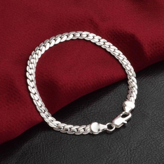 Simple Flat Curb Silver Plated Chain Lobster Clasp Bracelet Women's Jewelry