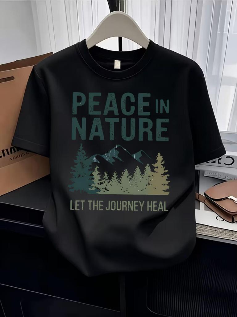 T-Shirts (kids unisex)Children's American-Style Natural Scenery Text Print T-Shirt, Vintage Mountain Pine Forest Slogan Sh