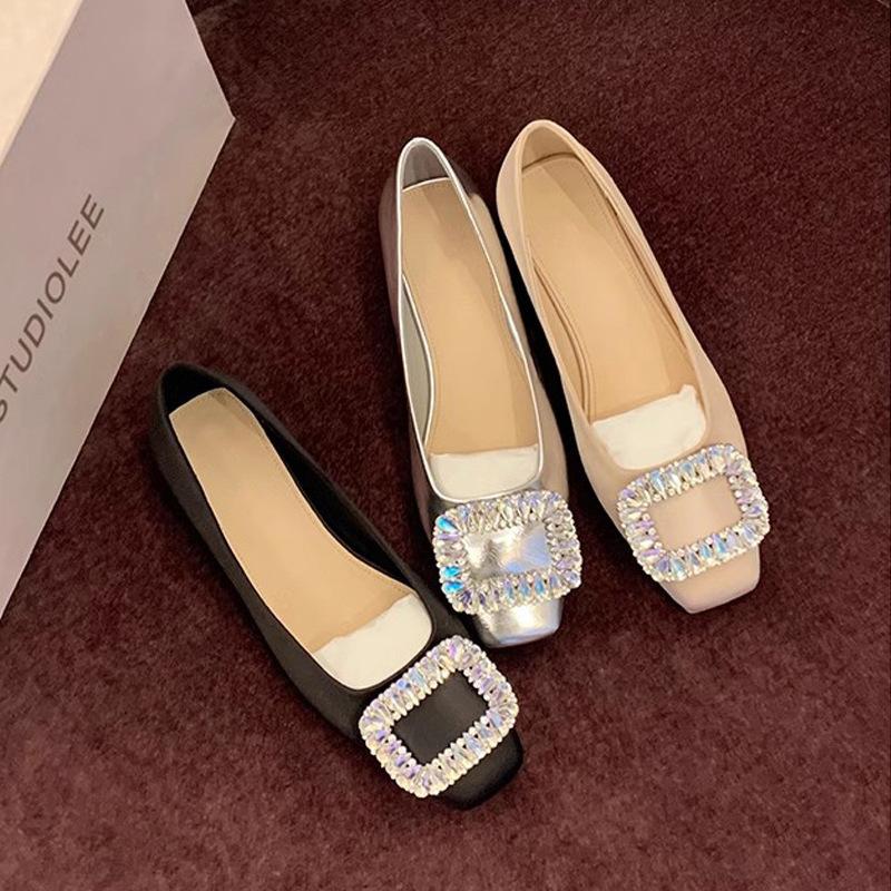 2025 spring new rhinestone square head light mouth silver flat-soled single shoes fairy soft leather temperament commuter women's shoes