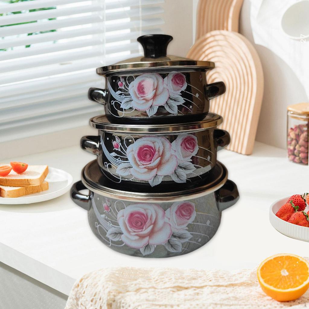 Set of 3 Enamel Stockpots with Lids and Handles for Cooking Soup At Home