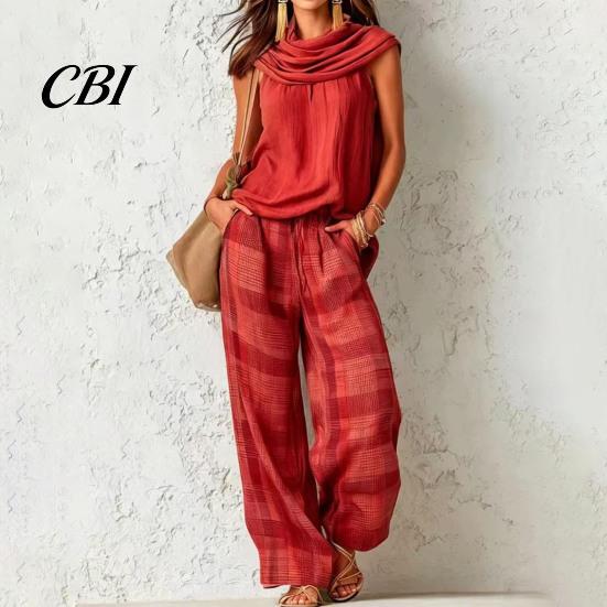 Relaxed Fit Drawstring Pants Women Top 2-Piece Set, Summer Ruffle Mock Neck Sleeveless Lightweight Outfits & Plaid Wide Leg Pants, Vintage Loose