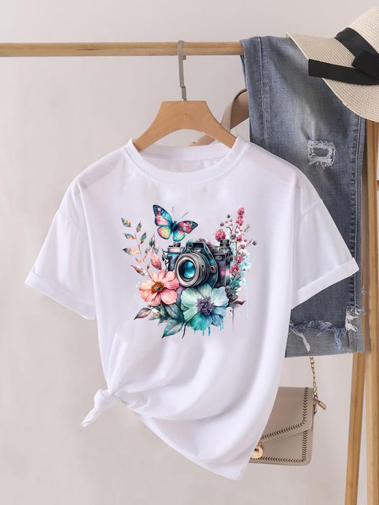Kwiatek Słodki Trend lat 90. Uroczy Krótki Rękaw Nadruk Moda Graficzny T-shirt Kobiety Top Pani Damska Koszulka Tee Okrągły Dekolt Odzież Ubrania