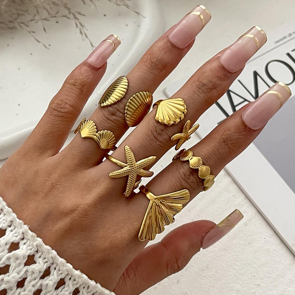 6pcs Set Exaggerated Personality Summer Starfish Shells Sun Flower Rings for Women Retro Irregular Charm Finger Jewelry Set Gift