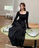 High-quality Autumn Clothing New Hepburn Temperament Square Neck Long-sleeved Knitted Dress Women's French Waist and Thin Long Dress