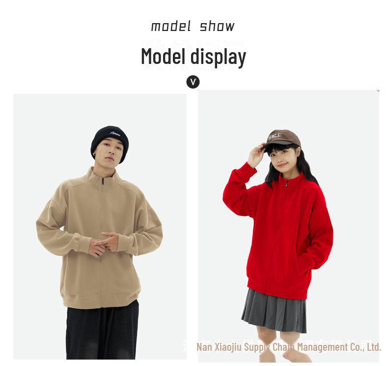 350g Unisex Stand Collar Zipper Sweatshirt - Thin, Solid Color, Drop Shoulder with Custom Logo Print for Spring & Autumn