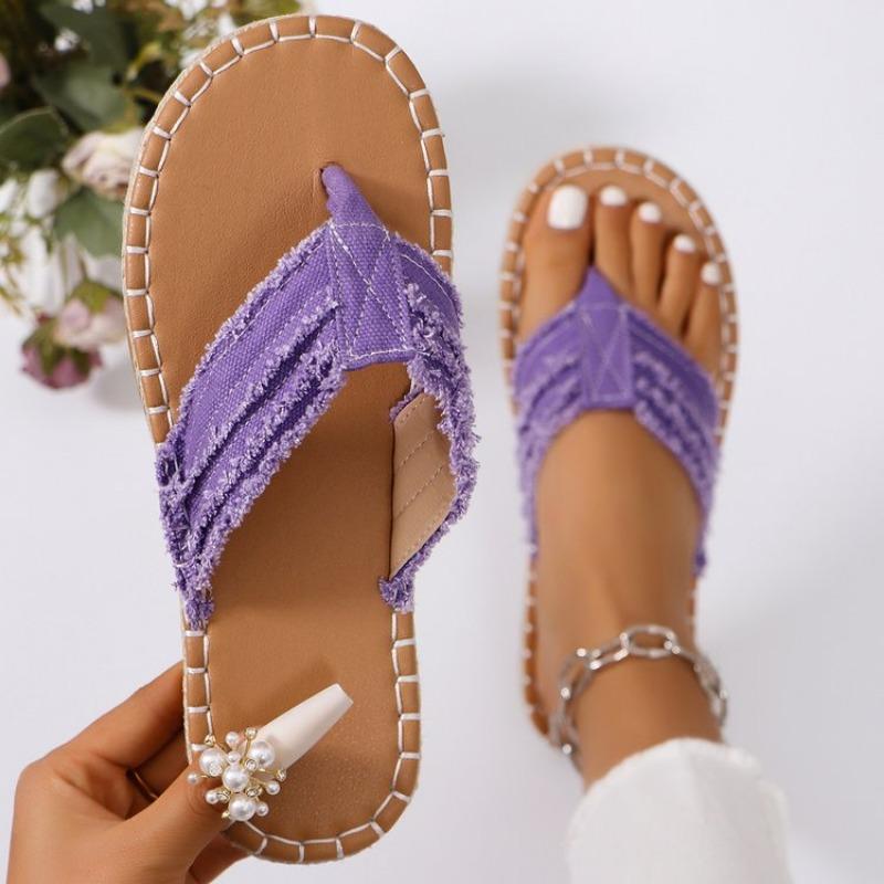 Fashion 2024 Summer  Style Flip-flops for Women, Fashionable Flat-soled Grass Woven Thong Beach Shoes, Large Size Sandals for Outer Wear
