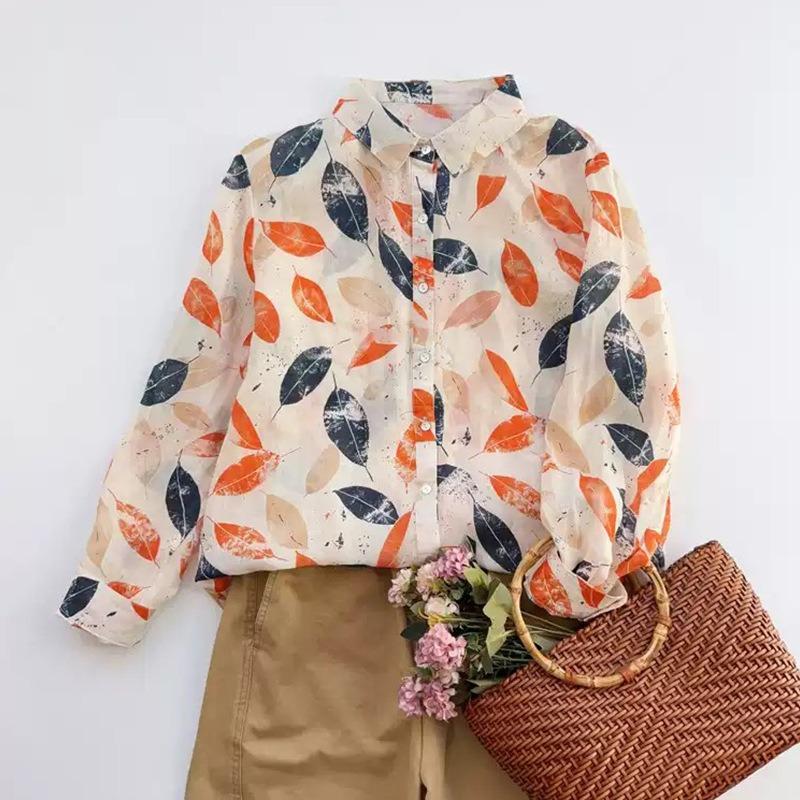 Women Autumn Leaf Print Lapel Long Sleeve Lightweight Chiffon Shirt