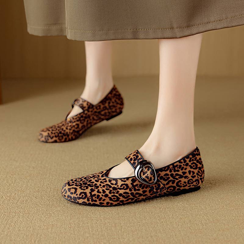 Krazing Pot Piele de Oaie Suedeză Vară Mărimea 40 păr de cal leopard mary janes Tocuri Joase vârf rotund Balerini eleganți decupați