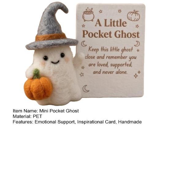 Needle Felted Figurine Little Pocket Ghost, Halloween Handmade Wool Ghost with Pumpkin, Mini Small Prop Plush Doll Inspirational Card, Emotional