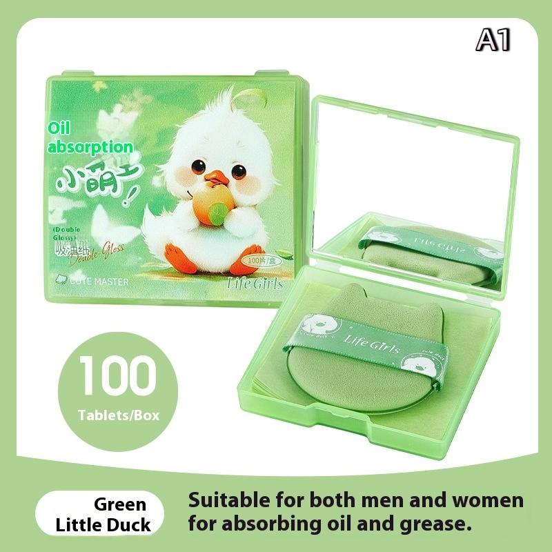 100 Sheets Oil Blotting Papers With Mirror Case Flour Puff Cartoon Durable Face Cleansing Makeup Tool Face Oil Blotting