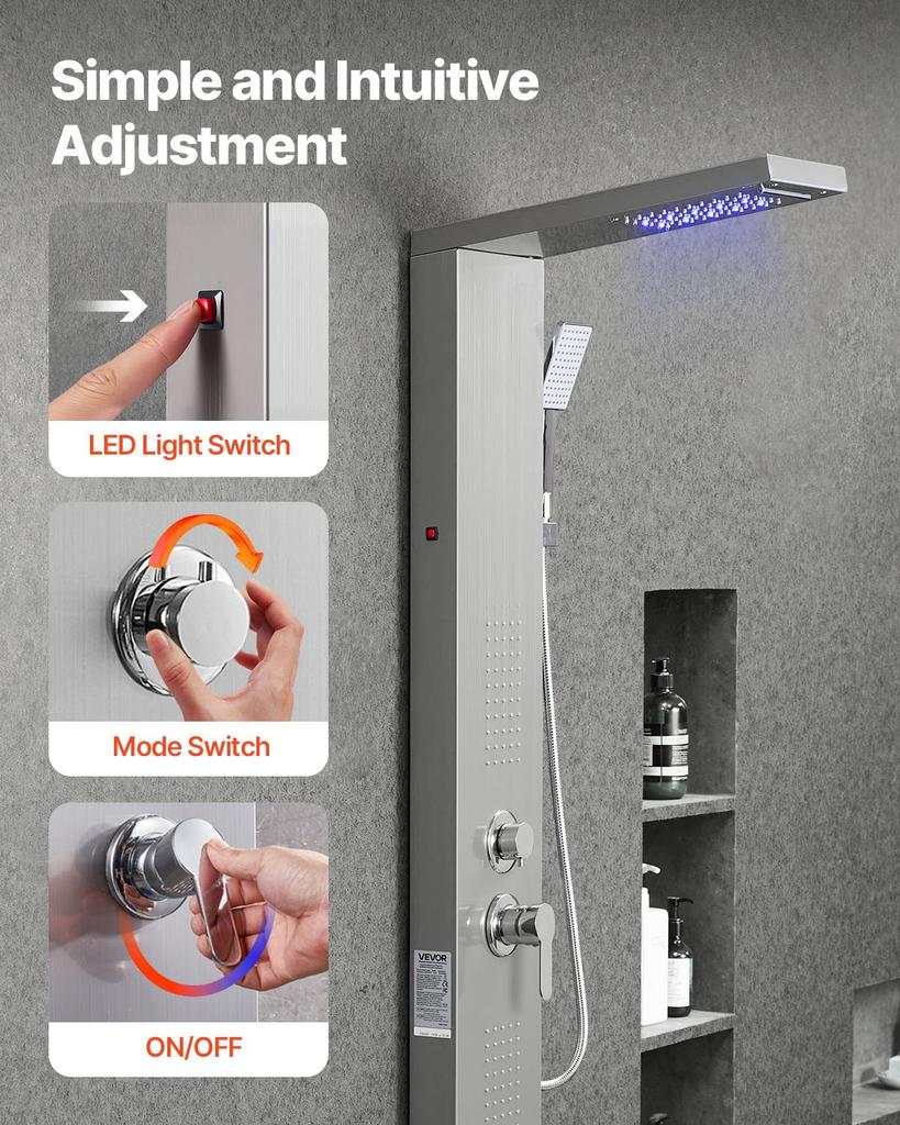 VEVOR Shower Panel Tower System with Rainfall Waterfall Shower Head, LED, 53 in Brushed Stainless Steel Shower Column, 5-Function Faucet