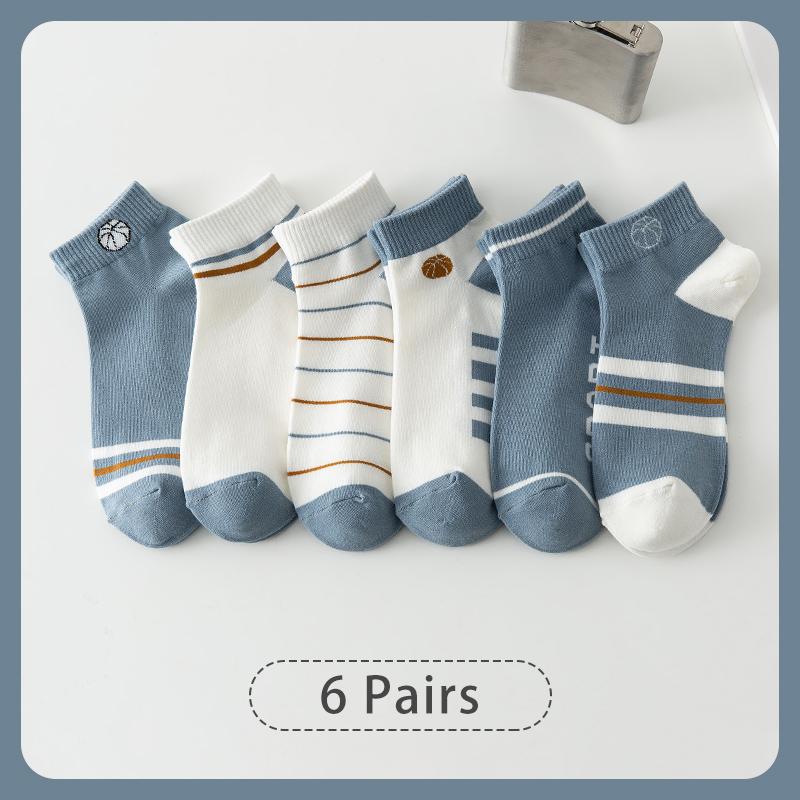 6 Pairs of Men's Spring  Autumn Letter Slogan Striped Basketball Sports Breathable Fashion Versatile College Style Summer Socks