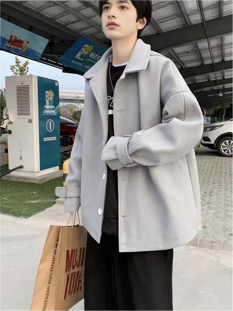 Men's Korean Style Woolen Coat - Single-breasted, Solid Color, Winter Casual Jacket for Couples