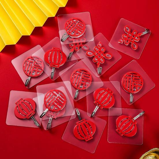 8Pcs Chinese Style Self-adhesive Hooks Drill-Free Installation Festive Decor Hooks Red Lanterns Chinese Knots Hooks for Spring Festival Home