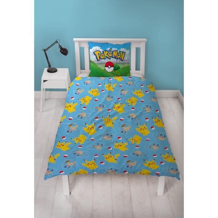 Parure De Lit - POKEMON - Pikachu Et Ses Amis - Bleu - Microfibre - 1 Housse De Couette 140 X 200 Cm + 1 Taie 63 X 63 Cm