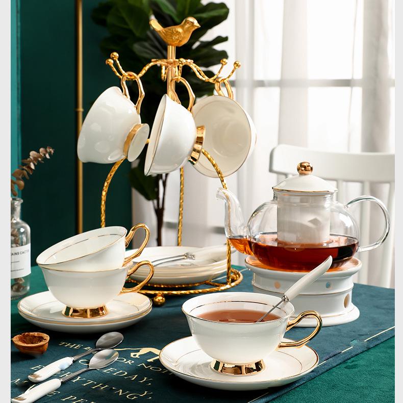Estante para Tazas de Café de Hierro Forjado Chapado en Oro con Soportes de Acero Inoxidable para 6 Tazas y Platillos