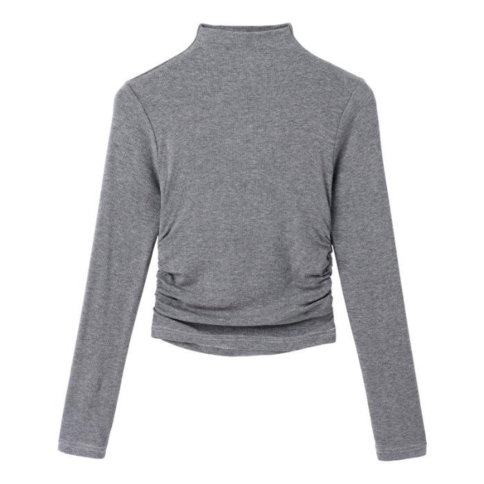 Inside grey long-sleeved T-shirt women's summer 2026 new slim-fit pleated Spice Girl semi-turtleneck bottoming shirt top tide