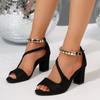 2025 Spring Summer Sexy Fish Mouth Hollow Roman Sandals Thick With Word With Beaded High Heels Female Summer Sexy Female Sandals