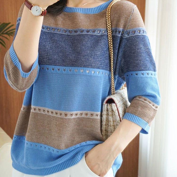 Spring/Summer 2026 Women's Three-Quarter Sleeve Color Block Knit Pullover Sweater