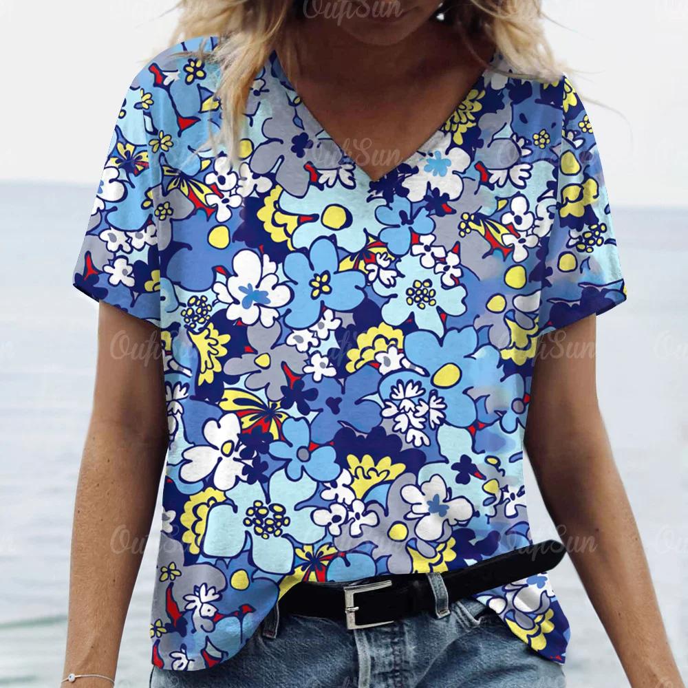 Summer Women Floral Print T-shirt Fashion Tops Tees Female Daily Casual V-Neck Short Sleeve Clothing Ladies Stylish Streetwear